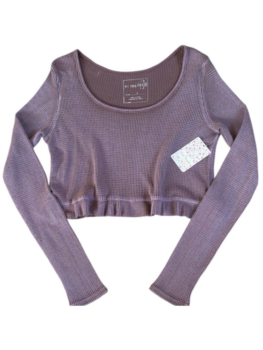 NWT Free People Long Sleeve Waffle Knit Ruffled Crop Top Size Small